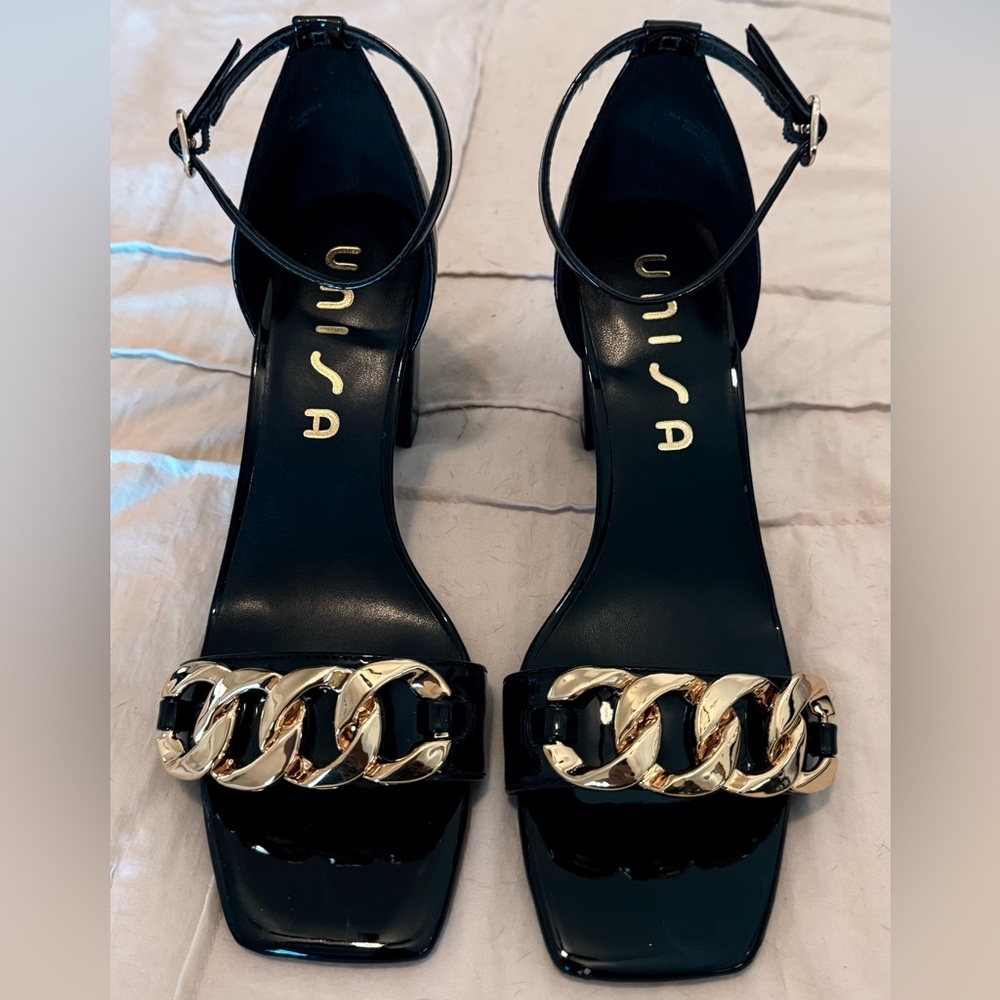 Unisa Black Heels with Gold Chain Accent